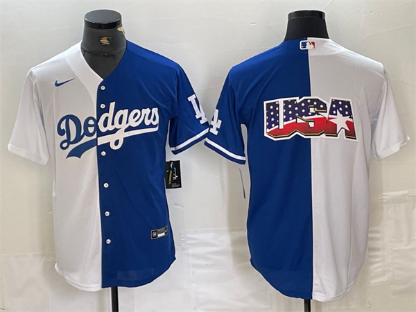 Men's Los Angeles Dodgers Team Big Logo White/Blue Split Cool Base Stitched Baseball Jersey Men's Los Angeles Dodgers Team Big Logo White/Blue Split Cool Base Stitched Baseball Jersey